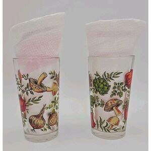 2 Vtg MCM Mushroom Drinking Glass Arcoroc France  Herb Vegetable Garden
